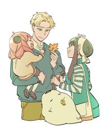  1boy 2girls absurdres ahoge anya_(spy_x_family) artist_name bag black_dress black_hair black_shoes blonde_hair blue_eyes blue_sweater blue_vest bond_(spy_x_family) breasts cardigan child closed_eyes closed_mouth collared_shirt cropped_legs dog dress earrings findoworld furrowed_brow gold_earrings hairband hairpods highres holding holding_leaf holding_leash jewelry leaf leaf_on_head leash long_hair medium_breasts medium_hair multiple_girls open_mouth pants parted_bangs parted_lips pink_hair shirt shirt_under_sweater shoes short_hair shoulder_bag sidelocks smile spy_x_family striped_clothes striped_shirt sweater teeth twilight_(spy_x_family) updo upper_body vest white_background white_cardigan white_hairband white_shirt yellow_pants yor_briar 