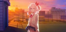  1other akiyama_mizuki arms_at_sides backlighting blue_skirt bow bowtie building cardigan chain-link_fence chinese_commentary closed_mouth collared_shirt commentary_request cowboy_shot cowlick diagonal-striped_bow diagonal-striped_bowtie diagonal-striped_clothes fence flat_chest hair_between_eyes hair_bow high_side_ponytail highres in-universe_location kamiyama_high_school_uniform_(project_sekai) laylayhappy long_hair long_sleeves looking_at_viewer miniskirt on_rooftop other_focus outdoors pink_eyes pink_hair plaid_clothes plaid_skirt pleated_skirt project_sekai red_bow red_bowtie rooftop school_uniform shirt side_ponytail sidelocks skirt smile solo standing striped_bow striped_bowtie striped_clothes sunlight sunset swept_bangs white_cardigan wind 