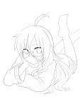 1girl absurdres glasses highres kazenoko lineart long_hair looking_at_viewer lying monochrome on_stomach solo vocaloid 
