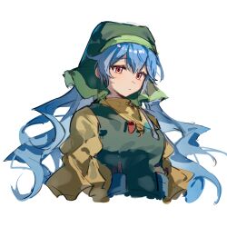  1girl apron blue_hair closed_mouth commentary cropped_torso green_apron green_headscarf haniyasushin_keiki headscarf highres jewelry long_hair long_sleeves magatama magatama_necklace maisuiren necklace red_eyes shirt simple_background sketch solo symbol-only_commentary touhou wavy_hair white_background yellow_shirt 
