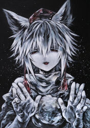  1girl animal_ears black_background cropped_torso hat ikeda_ruriko inubashiri_momiji looking_at_viewer medium_hair painting_(medium) pom_pom_(clothes) solo straight-on tokin_hat touhou traditional_media white_hair wolf_ears 