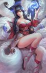  1girl ahri animal_ears bare_shoulders black_hair breasts cleavage facial_mark fox_ears fox_tail korean_clothes league_of_legends long_hair phamoz solo tail whisker_markings yellow_eyes 