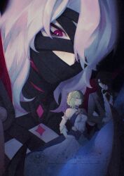  1boy 1girl 8yosotis absurdres bandages blonde_hair brown_hair closed_eyes dress genshin_impact highres long_hair red_clouds rerir_(genshin_impact) short_hair smile suit tholindis_(genshin_impact) tuxedo violet_eyes white_dress white_hair 