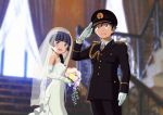  1boy 1girl black_eyes black_hair bouquet braid bridal_veil couple dress elbow_gloves flower gloves gokou_ruri hat kousaka_kyousuke long_hair ore_no_imouto_ga_konna_ni_kawaii_wake_ga_nai peaked_cap police police_uniform sakaki_youma salute short_hair tiara uniform veil violet_eyes wedding wedding_dress 