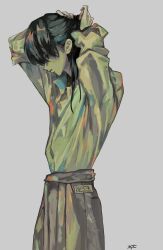  1boy arms_up black_eyes black_hair commentary cowboy_shot english_commentary highres kyta_5 male_focus ponytail shadow_slave shirt shirt_tucked_in short_hair solo sunny_(shadow_slave) tying_hair white_shirt 