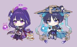  1boy 1girl animal animal_ears armor asymmetrical_sleeves blue_eyes blue_hair blue_pupils blunt_bangs bottle braid bridal_gauntlets character_doll chibi chibi_only chinese_commentary clenched_hands dango_milk_(genshin_impact) dog doll evil_grin evil_smile eyeliner fake_animal_ears fan_hair_ornament flag floating flower_ornament genshin_impact grin hair_between_eyes hair_ornament hat highres holding holding_bottle japanese_clothes jewelry kimono long_braid looking_down looking_to_the_side makeup mitsudomoe_(shape) mole mole_under_eye mother_and_son multicolored_eyes multicolored_hair neck_ribbon open_mouth pendant pulling purple_background purple_hair purple_kimono purple_thighhighs raiden_shogun red_eyeliner red_ribbon red_sash ribbon sash scaramouche_(genshin_impact) scaramouche_(kabukimono)_(genshin_impact) second-party_source seelie_(genshin_impact) shiba_inu short_hair shorts shoulder_armor simple_background single_braid smile sp0i0ppp streaked_hair taroumaru_(genshin_impact) thigh-highs tomoe_(symbol) uneven_sleeves violet_eyes vision_(genshin_impact) wanderer_(genshin_impact) wide_sleeves 