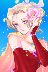  1girl artist_name blonde_hair blue_background blue_eyes breasts cape closed_mouth detached_sleeves dress final_fantasy final_fantasy_vi flower hair_bobbles hair_flower hair_ornament hair_ribbon hand_in_own_hair highres inaba_tomoe light_blush light_smile long_hair medium_breasts parted_bangs pink_flower pink_rose ponytail purple_ribbon red_dress red_sleeves ribbon rose solo terra_branford upper_body yellow_cape 