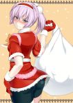  1girl alternate_costume aqua_eyes ass bag bike_shorts blush check_commentary commentary_request dress gloves hair_ornament hairband hand_on_hip holding_bag kantai_collection kupala looking_at_viewer looking_back pink_hair ponytail red_dress red_gloves sack santa_costume shiranui_(kantai_collection) short_dress short_hair shorts_under_skirt solo 