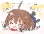  &gt;_&lt; 1girl ahoge blush_stickers brown_hair chibi closed_eyes commentary_request flailing hair_ornament hairclip ikazuchi_(kantai_collection) kantai_collection lying namekuji_(namekuzu) on_stomach open_mouth school_uniform serafuku short_hair sketch solo tantrum translation_request 