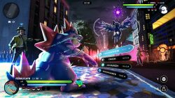  1boy 1girl absol alligator battle black_hat black_pants building character_name clouds cloudy_sky coat countdown_timer crocodilian crowd cursor dappled_moonlight eiffel_tower english_text faceless faceless_female faceless_male facing_another fake_screenshot feathered_wings feraligatr gameplay_ability gameplay_mechanics glowing green_coat harmony_(pokemon) hat heads-up_display health_bar highres lamppost light_particles looking_at_another map map_pin mega_absol mega_evolution_symbol mega_pokemon midair moewndr moonlight night night_sky open_clothes open_coat outdoors outstretched_arm outstretched_arms pants paxton_(pokemon) pointing poke_ball pokemon pokemon_(creature) pokemon_focus pokemon_legends:_z-a pokemon_move profile_picture road shirt sky sleeves_rolled_up street tree trilby user_interface water white_shirt white_wings wind wings 