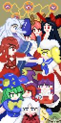  1boy 6+girls alice_margatroid black_hair blonde_hair blue_eyes bow brown_background character_request commentary_request green_eyes green_hair hair_ornament hakurei_reimu hakurei_reimu_(pc-98) hat highres kirisame_marisa konngara_(touhou) mima_(touhou) multiple_girls neotte okazaki_yumemi pink_hair pixel_art purple_hair red_bow red_eyes red_hair sariel_(touhou) shingyoku_(female) shingyoku_(male) shingyoku_(touhou) shinki_(touhou) touhou touhou_(pc-98) violet_eyes white_hair yellow_eyes yuugenmagan 