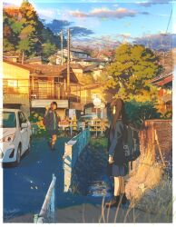  2girls backpack bag balcony black_jacket black_skirt black_socks blue_sky brown_shoes building car chain-link_fence clouds coat commentary fence grey_coat highres house jacket morning motor_vehicle multiple_girls open_clothes open_coat original pleated_skirt power_lines road_sign ryowelcome1 school_uniform shoes sign skirt sky socks standing tree utility_pole waving window 