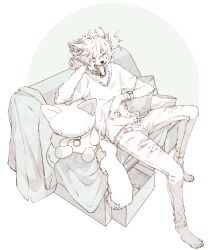  1boy animal_collar animal_feet body_fur closed_eyes clothes_lift collar commentary_request couch fuji_166 full_body furry furry_male green_background green_theme highres jewelry lifting_own_clothes male_focus monochrome multiple_rings on_couch open_fly open_mouth original ring scratching_head scratching_stomach shirt shirt_lift short_hair simple_background sitting solo stuffed_animal stuffed_toy stuffed_wolf tail translation_request wolf_boy yawning 