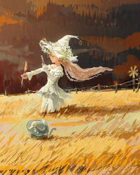  1girl animal bare_shoulders bow bowler_hat brown_hair butterfly_hat_ornament cat cloak closed_mouth clothed_animal collarbone commentary day dress english_commentary fence flower frilled_headwear frilled_sleeves frills from_side green_bow green_cloak green_dress green_eyes green_hat hat hat_bow hat_flower hat_ornament highres holding holding_magnifying_glass holding_wheat hood hood_up hooded_cloak infinity_nikki jewelry layered_sleeves lipstick long_dress long_hair long_sleeves looking_through_magnifying_glass low_twintails magnifying_glass makeup momo_(nikki) necklace nikki_(series) off-shoulder_dress off_shoulder official_alternate_costume outdoors outstretched_arm painterly pluvium_grandis pointy_nose rainfall_&amp;_blossoms_(infinity_nikki) red_lips short_over_long_sleeves short_sleeves sleeves_past_wrists smile standing string_of_flags twintails very_long_hair wavy_hair wheat_field whiskers white_cat white_flower wind witch witch_hat yellow_flower 