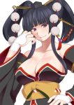  1girl bare_shoulders black_hair breasts cleavage commentary_request dead_or_alive dead_or_alive_5 detached_sleeves hair_ornament hat japanese_clothes kupala large_breasts long_sleeves looking_at_viewer mole nyotengu obi sash sideboob smile solo tengu tokin_hat twintails two_side_up upper_body violet_eyes white_background 