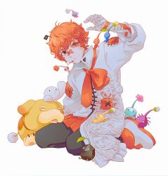  1boy ankle_boots antenna_hair arm_support arm_up asertr asymmetrical_clothes bandaged_arm bandages bandaid bandaid_on_face bandaid_on_nose black_pantyhose blue_pikmin boots bow bowtie chromatic_aberration coat collared_coat colored_sclera colored_shoe_soles commentary crossed_bandaids crossover double-parted_bangs fukase full_body hair_between_eyes head_flag headset ice_pikmin looking_at_viewer male_focus miniskirt mismatched_sclera no_headwear pale_skin pantyhose parted_lips pikmin_(creature) pikmin_(series) pleated_skirt point_(vocaloid) puffy_sleeves purple_pikmin red_bow red_bowtie red_eyes red_hair red_sclera red_skirt rock_pikmin short_hair simple_background sitting skirt solo three-quarter_sleeves vocaloid wariza white_background white_boots white_coat white_pikmin winged_pikmin yellow_pikmin 