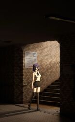  1girl black_choker black_ribbon black_shoes black_shorts black_thighhighs brick_wall chainsaw_man choker collared_shirt commentary full_body green_eyes hair_between_eyes hair_bun highres indoors long_hair_between_eyes moti1250 neck_ribbon open_mouth reze_(chainsaw_man) ribbon shirt shoes shorts sign single_hair_bun sleeveless sleeveless_shirt solo stairs standing subway subway_station thigh-highs white_shirt zettai_ryouiki 