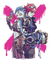  2girls absurdres arcane:_league_of_legends arcane_jinx arcane_vi armored_gloves artist_name back-to-back bags_under_eyes bare_shoulders belt black_choker black_gloves black_pants black_shirt blue_eyes blue_jacket breasts choker cowboy_shot crop_top findoworld fingerless_gloves furrowed_brow gloves goggles goggles_on_head gun hand_in_another's_hair highres holding holding_gun holding_weapon jacket jinx_(league_of_legends) league_of_legends long_hair medium_breasts midriff multicolored_nails multiple_girls nail_polish navel pants red_hair shirt short_hair siblings sisters striped_clothes striped_pants studded_belt two-tone_nails very_long_hair vi_(league_of_legends) weapon 