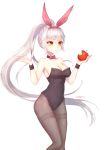  1girl animal_ears apple artist_name bare_shoulders breasts bunnysuit choker cleavage covered_navel food fruit hairband highres long_hair original pantyhose ponytail rabbit_ears silver_hair solo sugarv thighband_pantyhose very_long_hair white_background wristband yellow_eyes 
