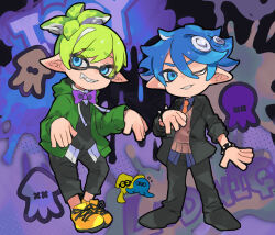  2boys black_jacket black_pants black_shirt black_shoes blue_eyes blue_hair blue_shirt bow bowtie bracelet brown_sweater_vest crossover fang full_body glasses green_hair green_jacket hair_between_eyes highres hood hood_down humanization iggy_koopa inkling jacket jewelry looking_at_viewer looking_to_the_side ludwig_von_koopa lzesmelt male_focus multiple_boys necktie octoling one_eye_closed orange_necktie pants purple_bow purple_bowtie semi-rimless_eyewear sharp_teeth shirt shoes side_ponytail smile sneakers spiked_bracelet spikes splatoon_(series) super_mario_bros. sweater_vest teeth tentacle_hair yellow_shoes 