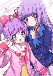  2girls :d ahoge aikatsu! aikatsu!_(series) blue_jacket blue_ribbon blunt_bangs bow cardigan commentary crossover double_bun green_eyes hair_bow hair_bun hair_ribbon hand_up highres hikami_sumire jacket long_hair long_sleeves looking_at_viewer manaka_laala manaka_laala_(normal) miniskirt multiple_girls neck_ribbon neckerchief open_mouth paprika_private_academy_school_uniform pink_bow pink_cardigan pink_neckerchief pleated_skirt pretty_series pripara purple_hair ribbon sailor_collar school_uniform shinji_(udonteishoku) short_hair skirt smile sparkle starlight_academy_school_uniform symbol-only_commentary translation_request v v_over_eye violet_eyes white_sailor_collar white_skirt winter_uniform 