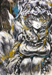  1girl black_background black_outline hat highres ikeda_ruriko looking_at_viewer medium_hair mob_cap outline solo straight-on touhou traditional_media wide_sleeves yakumo_ran 