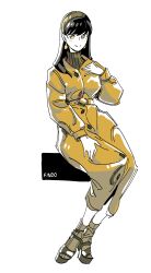  1girl absurdres artist_name black_hair brown_coat brown_eyes brown_hairband closed_mouth coat earrings findoworld full_body grey_socks hairband hand_on_own_chest highres jewelry light_blush long_coat long_hair sandals sitting smile socks solo spy_x_family sweater turtleneck turtleneck_sweater white_background yor_briar 