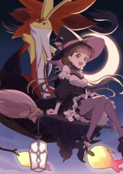  1girl branch broom broom_riding brown_hair collarbone commentary crescent_moon delphox fire green_eyes halloween hat highres lantern looking_at_viewer love_live! love_live!_superstar!! low_twintails mega_delphox mega_pokemon moon night night_sky orange-pengin pokemon pokemon_(creature) red_eyes sakurakoji_kinako see-through_clothes sky thigh-highs twintails witch witch_hat 