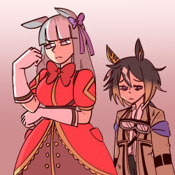  2girls absurdres ahoge animal_ears averting_eyes black_hair coat collared_shirt dress ear_covers ears_down english_commentary gloves goggles goggles_around_neck hair_between_eyes highres horse_ears horse_girl long_hair long_sleeves looking_at_hand multicolored_hair multiple_girls pink_ribbon point_flag_(racehorse) ponytail puffy_short_sleeves puffy_sleeves red_dress red_ribbon ribbon sad shirt short_sleeves smile starlinkman stay_gold_(umamusume) streaked_hair umamusume violet_eyes white_gloves white_hair yellow_coat 
