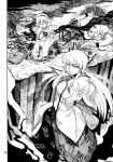  3girls absurdres ameyama_denshin bow chair comic cushion doujinshi fujiwara_no_mokou hair_bow hair_ornament hairband heart_hair_ornament highres horn hoshiguma_yuugi komeiji_satori monochrome multiple_girls page_number scan third_eye touhou translation_request wine_bottle 