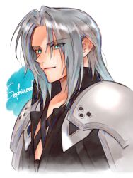  1boy 3wa_tari armor black_coat character_name chest_strap closed_mouth coat crisis_core_final_fantasy_vii eyes_visible_through_hair final_fantasy final_fantasy_vii green_eyes grey_hair hair_behind_ear highres light_smile long_hair looking_at_viewer male_focus parted_bangs sephiroth shoulder_armor solo upper_body white_background 