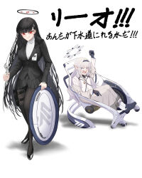  2girls absurdres black_gloves black_hair black_jacket black_pantyhose black_shoes black_skirt blazer blue_archive blunt_bangs breasts clenched_hand commentary_request gloves hairband halo highres himari_(blue_archive) holding holding_wrench holster jacket large_breasts long_hair looking_at_viewer multiple_girls ni_ketsu pantyhose pleated_skirt pointy_ears red_eyes ringed_eyes rio_(blue_archive) shoes sitting skirt smile socks sweater teeth thigh_holster translation_request turtleneck turtleneck_sweater variant_set violet_eyes wheel wheelchair white_hair white_socks wrench 
