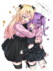  2girls absurdres alternate_costume arm_warmers asymmetrical_legwear averting_eyes black_bow black_dress black_skirt black_thighhighs blonde_hair blush bow couple cropped_legs crossed_bangs dress fang fishnet_thighhighs fishnets frilled_shirt frills gradient_hair green_eyes hair_bow hair_ornament hairclip heart highres hololive hug jirai_kei long_hair momosuzu_nene multicolored_hair multiple_girls okome_0628 one_eye_closed open_mouth pink_hair pink_shirt purple_hair shirt sidelocks simple_background skin_fang skirt smile speech_bubble standing talking thigh-highs tokoyami_towa translation_request twintails two_side_up virtual_youtuber white_background yuri 