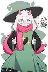  1boy absurdres animal_ears blush dated deltarune doobie_ralsei_(meme) english_commentary floppy_ears furry furry_male goat_boy goat_ears goat_horns green_robe hands_on_own_hips highres horns looking_at_viewer male_focus meme pink_scarf ralsei robe round_eyewear scarf signature smile sparkle utdr_(toby_fox) white_fur zhymao 