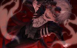  1boy almpf black_crown black_gloves crown diamond_hairband ghost gloves highres jacket long_sleeves looking_at_viewer male_focus missing_tooth orange_eyes pinstripe_jacket pinstripe_pattern pinstripe_suit pinstripe_vest round_eyewear short_hair skeleton skeleton_print skully_j._graves smile solo striped_clothes striped_jacket striped_vest suit sunglasses the_nightmare_before_christmas twisted_wonderland vertical-striped_clothes vertical-striped_jacket vertical-striped_vest vest white_hair 