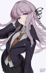  1girl absurdres black_gloves black_ribbon braid breasts closed_mouth collared_jacket collared_shirt danganronpa_(series) gloves hair_ornament hair_ribbon hand_on_own_face highres jacket kajuu kirigiri_kyoko light_smile long_hair long_sleeves looking_at_viewer necktie open_clothes open_jacket purple_hair ribbon shirt short_hair side_braid single_braid skirt small_breasts smile solo violet_eyes white_background white_shirt zipper 