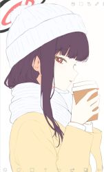  1girl alternate_costume art_program_in_frame beanie black_hair black_halo blue_archive blunt_bangs bright_pupils coat commentary_request cup disposable_cup eyelashes fingernails from_side halo hands_up hat highres holding holding_cup ibispaint_(medium) light_blush long_hair long_sleeves looking_at_viewer multicolored_halo parted_lips pom_pom_(clothes) profile red_eyes red_halo ringed_eyes rio_(blue_archive) scarf smile solo two-tone_halo upper_body wa_sumi white_hat white_pupils white_scarf winter_clothes yellow_coat 