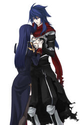  1boy 1girl armor armored_boots assassin_cross_(ragnarok_online) black_cape black_pants black_shirt blue_dress blue_hair boots cape closed_eyes closed_mouth commentary_request dress eremes_guile feet_out_of_frame grey_thighhighs hetero holding_hands juliet_sleeves long_hair long_sleeves looking_at_another pants pauldrons priest_(ragnarok_online) puffy_sleeves ragnarok_online red_eyes red_scarf scarf shirt shoulder_armor simple_background thigh-highs toriria torn_cape torn_clothes torn_scarf vambraces waist_cape white_background 