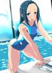  1girl blue_eyes blue_hair breasts competition_swimsuit long_hair looking_at_viewer mizusawa_aoi monster_strike one-piece_swimsuit open_mouth pool smile solo soo swimsuit towel water wet 