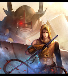  2boys commentary_request eye_trail fake_horns frown helmet holding holding_sword holding_weapon honda_tadakatsu_(sengoku_basara) hood hood_up horned_helmet horns jacket kdash light_trail male_focus midriff multiple_boys parted_lips red_eyes sengoku_basara sword tokugawa_ieyasu_(sengoku_basara) toned toned_male v-shaped_eyebrows weapon yellow_hood yellow_jacket 