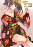  1girl blue_eyes breasts brown_hair cleavage green_eyes happy_new_year heterochromia idolmaster idolmaster_cinderella_girls japanese_clothes kimono mole new_year nyangnyang short_hair solo takagaki_kaede 