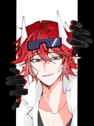  1boy aotu_world black_gloves black_shirt chinese_commentary collarbone gloves goggles goggles_on_head hair_between_eyes headgear high_collar highres jacket looking_at_viewer male_focus open_door parted_lips pillarboxed pius_(aotu_world) pointy_ears red_eyes red_hair scar scar_on_cheek scar_on_face shirt short_hair simple_background smile solo upper_body white_background white_jacket xingluo25886 