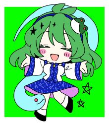  1girl 1other absurdres ahoge animal antenna_hair black_shoes blue_hairband blue_skirt blush breasts chibi closed_eyes detached_sleeves frog_hair_ornament green_background green_hair hair_between_eyes hair_ornament hairband happy highres japanese_clothes kochiya_sanae long_hair long_sleeves miko nontraditional_miko open_mouth outstretched_arms pentagram red_eyes shirt shoes simple_background skirt sleeveless smile snake socks star_(symbol) tongue touhou two-tone_background white_background white_shirt white_socks whoru wide_sleeves zipper zipper_pull_tab 