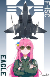  1girl absurdres ahoge aircraft airplane arm_pouch aviator_sunglasses blue_eyes bocchi_the_rock! buckle chinese_commentary closed_mouth commentary_request crossed_arms cube_hair_ornament expressionless f-15_eagle f16cblock50 fighter_jet firing flight_suit from_below gotoh_hitori green_shirt hair_ornament highres long_hair long_sleeves looking_at_viewer military_vehicle missile patch pink_hair roundel shirt shoulder_patch sidelocks solo straight-on strap sunglasses united_states_air_force upper_body vehicle_name watch watch zipper_pull_tab 