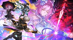  absurdres caelus_(honkai:_star_rail) cioccolatodorima closed_eyes cyrene_(honkai:_star_rail) dan_heng_(honkai:_star_rail) dan_heng_(permansor_terrae)_(honkai:_star_rail) english_commentary evernight_(honkai:_star_rail) flower hair_flower hair_ornament highres honkai:_star_rail honkai_(series) march_7th_(honkai:_star_rail) official_alternate_eye_color pink_hair smile trailblazer_(honkai:_star_rail) 