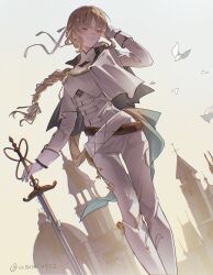  1girl absurdres aiguillette artist_name bell_tower belt bird blue_butterfly braid breasts brown_belt bug building butterfly butterfly_on_sword claymore_(sword) dome dove dutch_angle european_architecture feet_out_of_frame gloves hair_ribbon hand_in_own_hair hashtag-only_commentary highres holding holding_sword holding_weapon looking_to_the_side medium_breasts nijisanji official_alternate_costume official_alternate_hairstyle outdoors pants parted_bangs ribbon shirt simple_bird sister_claire smile solo sword usumi0922 virtual_youtuber weapon white_belt white_gloves white_pants white_ribbon white_shirt yellow_eyes 