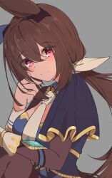  1girl admire_vega_(starry_nocturne)_(umamusume) admire_vega_(umamusume) animal_ears black_pantyhose blue_dress blush breasts brown_hair closed_mouth dress ear_covers ear_ornament hair_between_eyes highres horse_ears horse_girl horse_tail long_hair long_sleeves looking_at_viewer low_ponytail medium_breasts mountain_yasan necktie pantyhose ponytail simple_background single_ear_cover smile solo tail umamusume violet_eyes white_necktie 