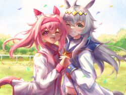  2girls ahoge animal_ears blue_eyes blush bow brooch confetti ear_bow ear_covers ear_ornament flower-shaped_pupils flower_in_eye grass grey_hair grey_tail h3p0 hair_between_eyes hair_ornament hairband haru_urara_(bestest_prize)_(umamusume) haru_urara_(umamusume) headband highres holding_hands horse_ears horse_girl horse_tail jacket jewelry long_hair long_sleeves looking_at_viewer midriff multicolored_hair multiple_girls neckerchief oguri_cap_(starlight_beat)_(umamusume) oguri_cap_(umamusume) one_eye_closed open_mouth outdoors pink_eyes pink_hair pink_headband ponytail red_headband red_neckerchief sailor_collar shirt sky smile star_brooch symbol-shaped_pupils symbol_in_eye tail tree umamusume upper_body white_jacket white_shirt 