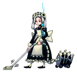  1girl 29:14_am apron black_shoes bloody_marie_(skullgirls) grey_hair hair_ornament highres holding_vacuum_cleaner jewelry maid maid_apron maid_headdress necklace pantyhose red_eyes shoes short_hair simple_background skull_hair_ornament skullgirls solo vacuum_cleaner white_apron white_background white_pantyhose 