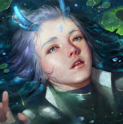  1boy ao_bing_(nezha_zhi_motong_jiangshi) blue_eyes blue_hair commentary_request dragon_horns facial_mark faux_traditional_media forehead_mark highres horns kdash lily_pad male_focus mixed-language_commentary nezha_zhi_motong_jiangshi parted_lips partially_submerged petals petals_on_liquid photorealistic realistic solo tears water 
